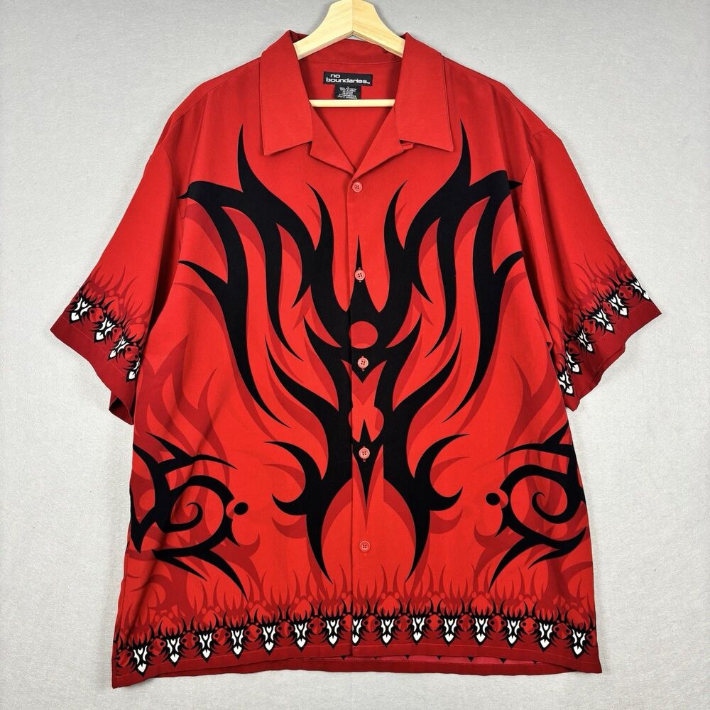 Vintage No Boundaries Shirt L 2000s Y2K Flames Tribal All Over Hawaiian Grunge